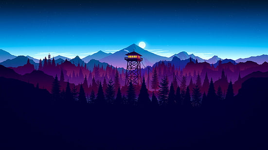 tower and mountain at distance digital wallpaper, moon, game, forest, sky, night, cloud, kumo, Firewatch, sunset artwork, HD wallpaper HD wallpaper