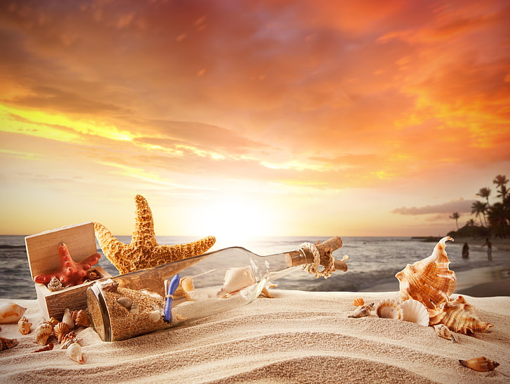 прозрачная стеклянная бутылка и коричневые морские звезды, песок, море, пляж, звезды, бутылка, коробка, ракушка, HD обои