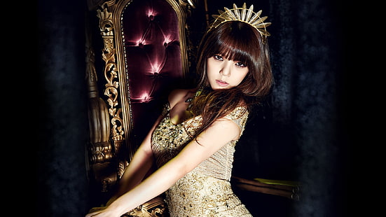 photo de femme portant une robe brune et une couronne à côté d'une chaise, AOA, K-pop, Jimin, Fond d'écran HD HD wallpaper