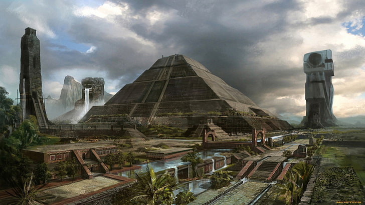 video game screenshot, fantasy art, pyramid, digital art, Maya (civilization), tower, palm trees, clouds, waterfall, DeviantArt, artwork, HD wallpaper