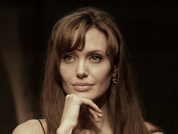 Angelina Jolie, actress, women, portrait, brunette, smiling, juicy lips, HD wallpaper