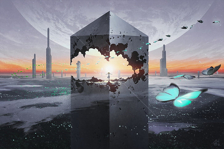 illustration de papillon bleu, Technoheart, waifu2x, paysage urbain, ligne d'horizon, lune, papillon, nuages, coucher de soleil, gratte-ciel, Fond d'écran HD