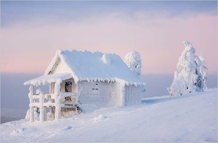 сняг, зима, Финландия, каюта, дървета, планини, HD тапет