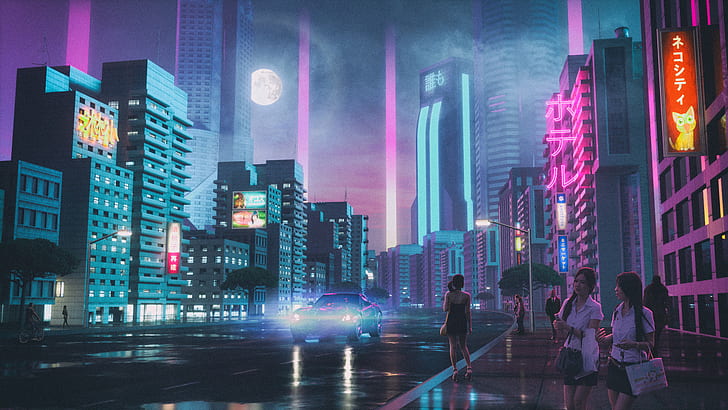 David Legnon, Zeichnung, Synthwave, Retrowave, Cyberpunk, Neonglühen, Lila, Nacht, Mond, Stadt, Menschen, Auto, Neon, HD-Hintergrundbild