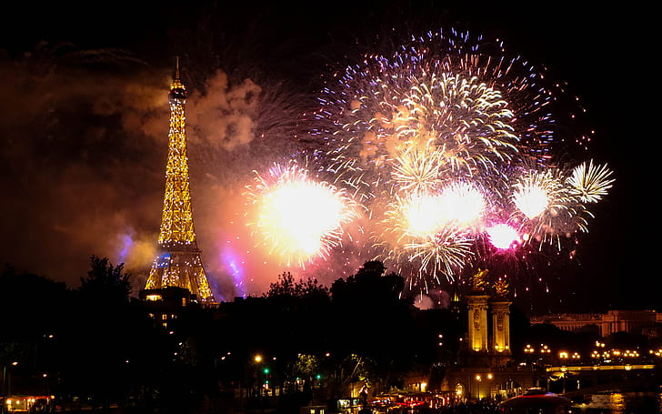 Eiffel Tower Tower Paris Night Fireworks HD, yellow fireworks, night, cityscape, tower, paris, eiffel, fireworks, HD wallpaper