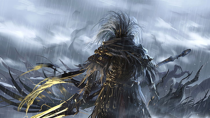 sfondo per videogioco, Dark Souls III, videogiochi, Nameless King, Dark Souls, arte digitale, opere d'arte, lancia, pioggia, Sfondo HD