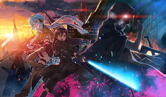 female animated character poster, Sword Art Online, Sword Art Online II, Death Gun (Sword Art Online), Kirito (Sword Art Online), Sinon (Sword Art Online), HD wallpaper HD wallpaper