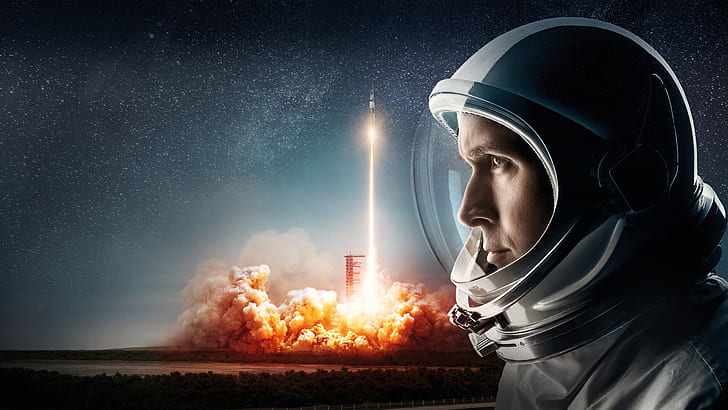 field, the sky, space, background, fire, smoke, stars, rocket, the suit, start, the rise, astronaut, Neil Armstrong, Ryan Gosling, biography, First Man, Man on the moon, HD wallpaper