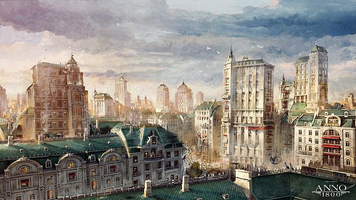 Anno 1800, 1800s, digital art, concept art, artwork, Ubisoft, skyscraper, city, rooftops, cityscape, HD wallpaper