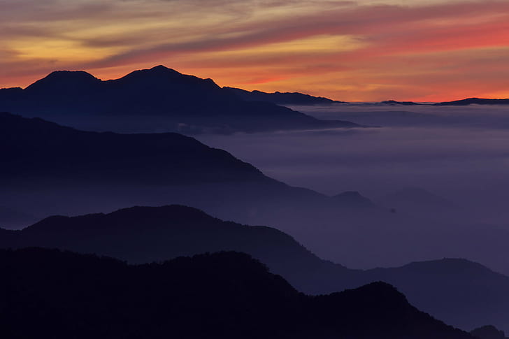 планини с мъгла по време на златен час, hehuanshan, hehuanshan, IMG, Hehuanshan, планини, мъгла, златен час, 台灣, Тайван, Taroko, 合歡 山, планина, залез, природа, изгрев - зора, зора, пейзаж, хълм, сутрин, панорама , планински връх, на открито, здрач, силует, HD тапет