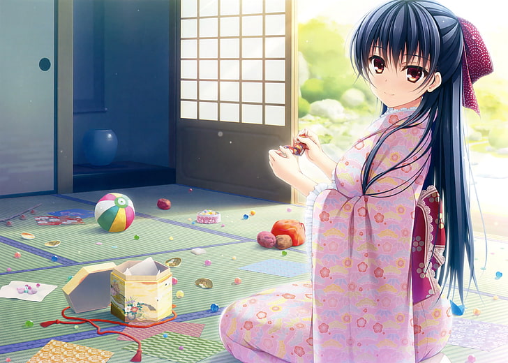 anime, anime girls, kimono, capelli lunghi, abiti giapponesi, Sfondo HD