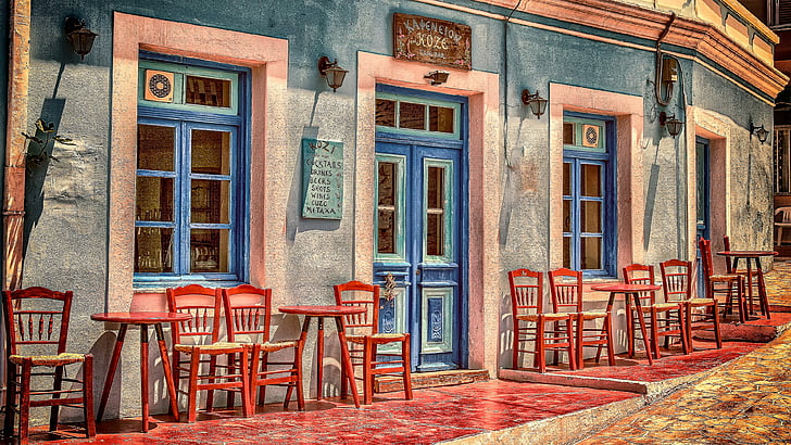 restaurant, cafe, town, window, seats, facade, house, door, europe, peloponnese, greece, building, alley, street, HD wallpaper