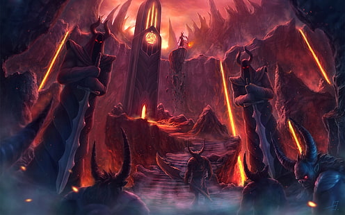 hell, statue, lava, fire, horns, demons, underground, Fantasy, HD wallpaper HD wallpaper