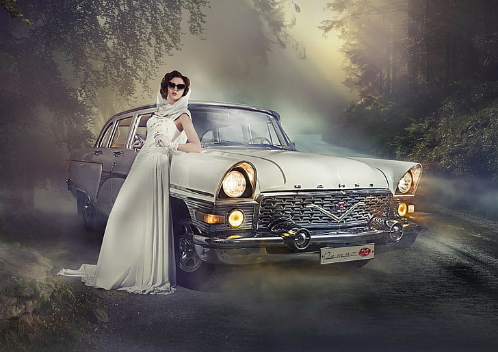 Oldtimer, mobil, gaun, gaun putih, wanita, wanita dengan mobil, model, wanita dengan nuansa, Wallpaper HD