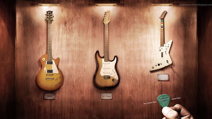 three assorted electric guitars, artwork, guitar, Guitar Hero, Slash, Eric Clapton, commercial, HD wallpaper