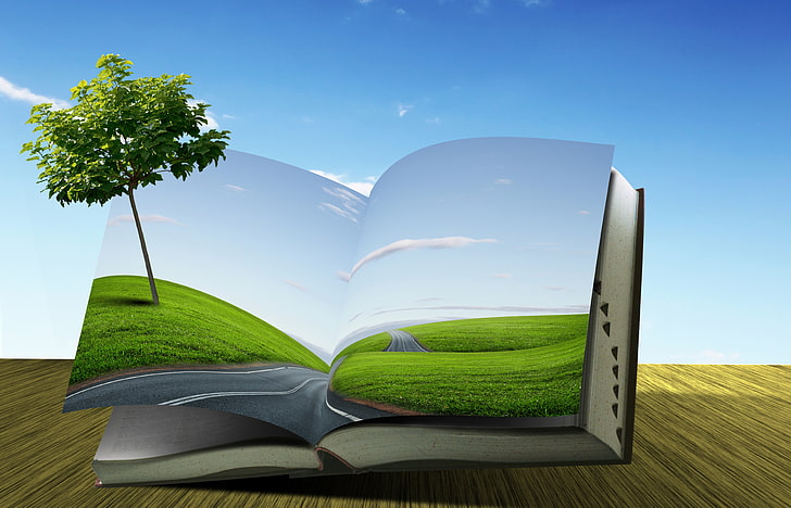 green tree, road, creative, tree, field, book, HD wallpaper