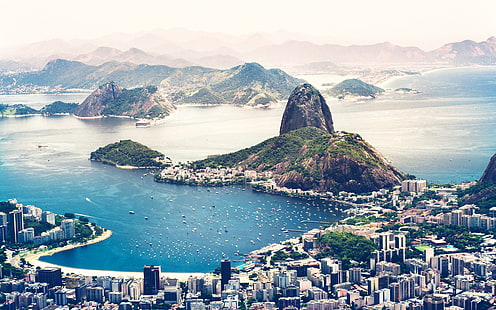 badan air dan gedung-gedung bertingkat putih, fotografi lanskap gunung di siang hari, lanskap kota, lanskap, Rio de Janeiro, Brasil, Wallpaper HD HD wallpaper