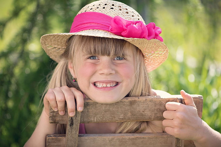 blond, blue eye, chair, cheerful, child, childhood, close, funny, garden, girl, hat, laugh, nature, out, summer, sunshine, sweet, HD wallpaper