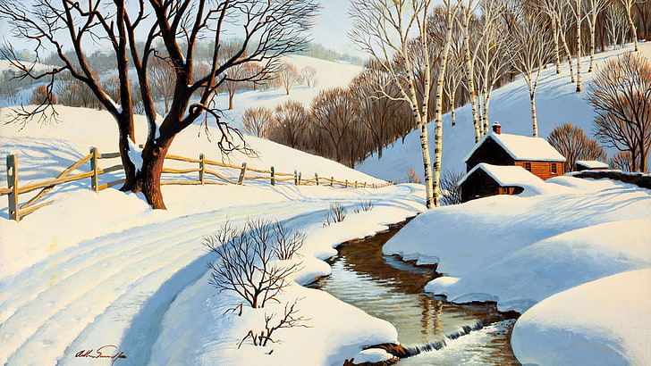campo de nieve blanco, naturaleza, invierno, paisaje, nieve, pintura, Fondo de pantalla HD