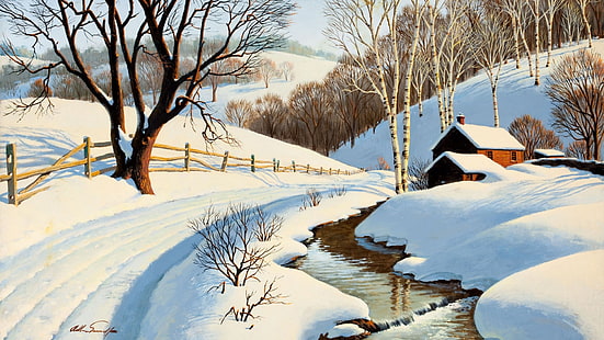 белое снежное поле, природа, зима, пейзаж, снег, живопись, HD обои HD wallpaper