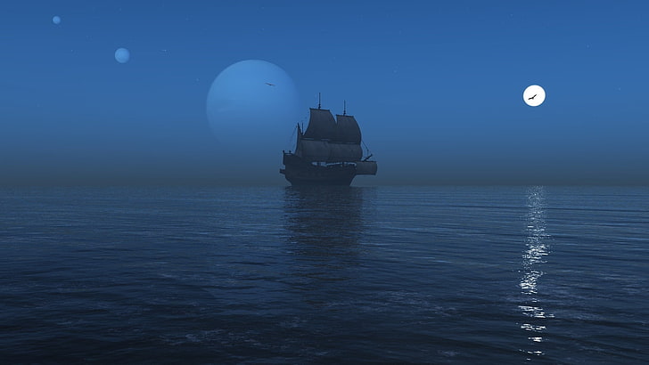 schwarzes Boot, Segelschiff, Meer, Reflexion, Nebel, Mond, Nacht, HD-Hintergrundbild