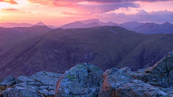 Шотландия, планини, залез, небе, скали, лилаво, HD тапет