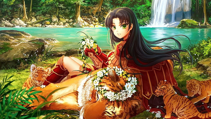 Anime, Anime Girls, Brünette, lange Haare, Lächeln, grüne Augen, Betrachter, Wasser, Blumen, HD-Hintergrundbild