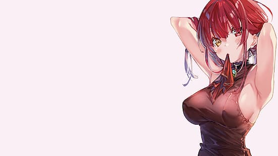  anime, anime girls, simple background, big boobs, armpits, redhead, Hololive, Virtual Youtuber, Shuri (Chima Tsuitta), HD wallpaper HD wallpaper