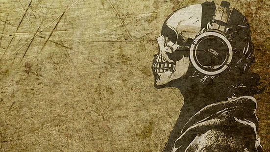 arte digital, crânio, fones de ouvido, esqueleto, obra de arte, HD papel de parede HD wallpaper