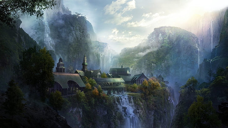 المباني بالقرب من خلفية الشلال الرقمية ، والفن الخيالي ، و Rivendell ، و The Lord of the Rings، خلفية HD