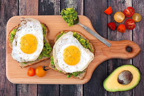 яйца, авокадо, завтрак, помидор, хлеб, еда, HD обои HD wallpaper