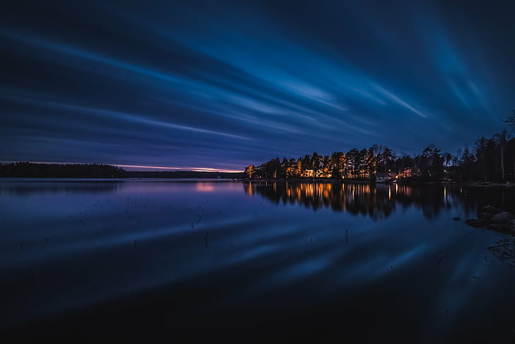landscape photography of body of water beside lighted town, Cloudy, evening, landscape photography, body of water, town, nikon  d600, nikkor, 35mm, night, blue, LE, long exposure, sunset, lights, clouds, reflection, lake, water, nature, sky, dusk, HD wallpaper