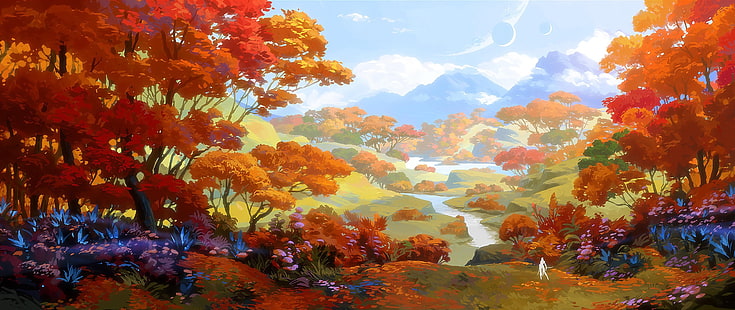 fantasy, las, rzeka, niebo, drzewa, krajobraz, natura, chmury, planety, góry, sztuka cyfrowa, grafika, grafika koncepcyjna, środowisko, sztuka fantasy, upadek, stworzenie, ilustracja, pory roku, krajobraz fantasy, Tapety HD HD wallpaper