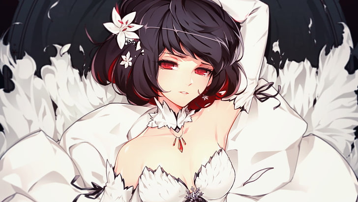 kurze schwarzhaarige weibliche Anime-Figur-Tapete, Anime-Mädchen, rote Augen, Schneewittchen, HD-Hintergrundbild
