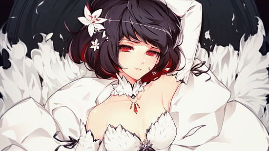kurze schwarzhaarige weibliche Anime-Figur-Tapete, Anime-Mädchen, rote Augen, Schneewittchen, HD-Hintergrundbild HD wallpaper