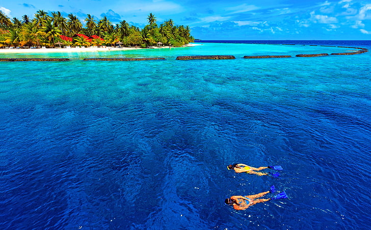 Snorkeling Wakacje, akwen, podróż, wyspy, ocean, egzotyczny, raj, krajobraz, ludzie, lato, sen, woda, tropikalny, piasek, lato, luksusowe, palmy, błękitna woda, wakacje, snorkeling, letnia zabawa, Tapety HD