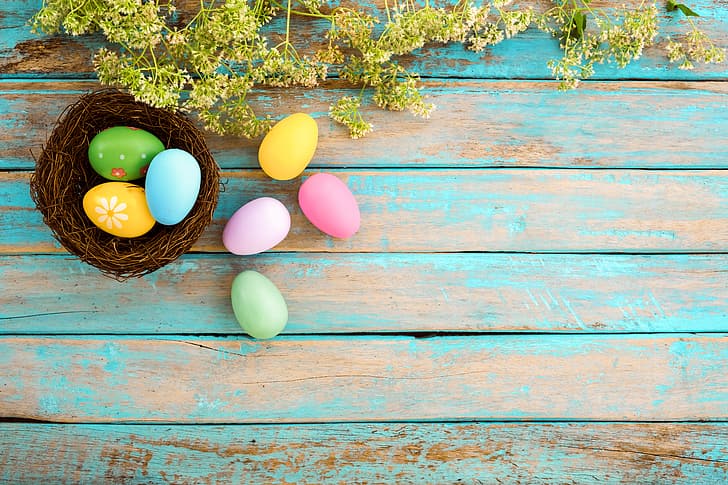flowers, basket, eggs, spring, colorful, Easter, wood, pink, decoration, Happy, tender, HD wallpaper