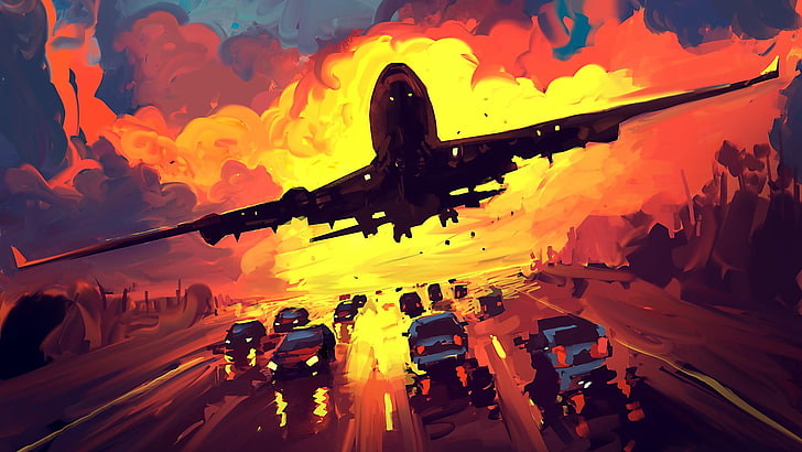 pittura di automobili e aerei passeggeri, arte digitale, aeromobili, tramonto, automobile, aeroplano, Sfondo HD