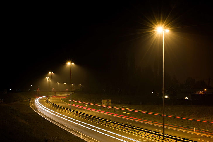car lights, dark, highway, lampposts, long exposure, motion, night, road, street, street lamps, traffic, HD wallpaper