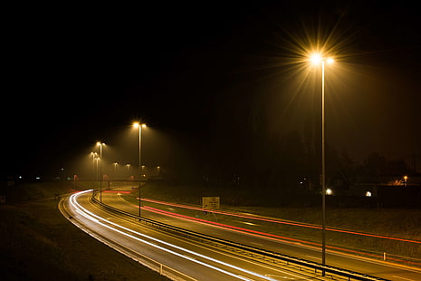 car lights, dark, highway, lampposts, long exposure, motion, night, road, street, street lamps, traffic, HD wallpaper HD wallpaper