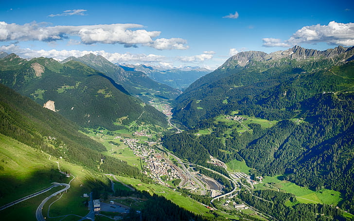 aerial photo of mountains and town, Furkapass, aerial photo, mountains, town, europa, semester, hdr, europe, furka, james  bond, alps, nature, view, 5xp, olympus, mountain, summer, landscape, european Alps, outdoors, scenics, hill, HD wallpaper