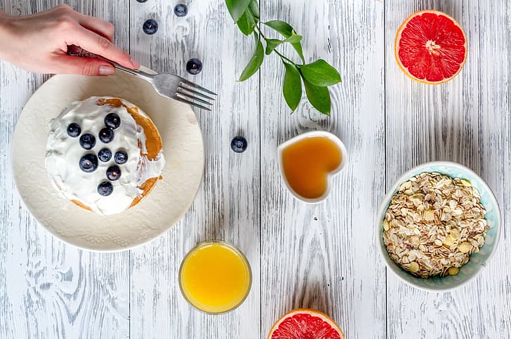 berries, Breakfast, juice, pancakes, grapefruit, muesli, sour cream, HD wallpaper