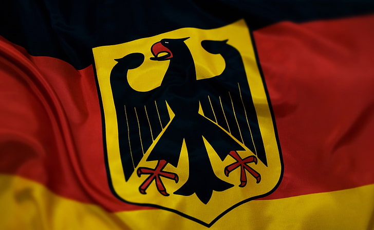 Grunge vapensköld, svart, röd och gul randig fågelflagga, Europa, tyskland, grunge, päls, vapen, HD tapet