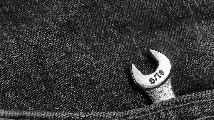 5/16 silver open wrench, monochrome, jeans, pocket, tools, metal, numbers, texture, fork key, shiny, HD wallpaper