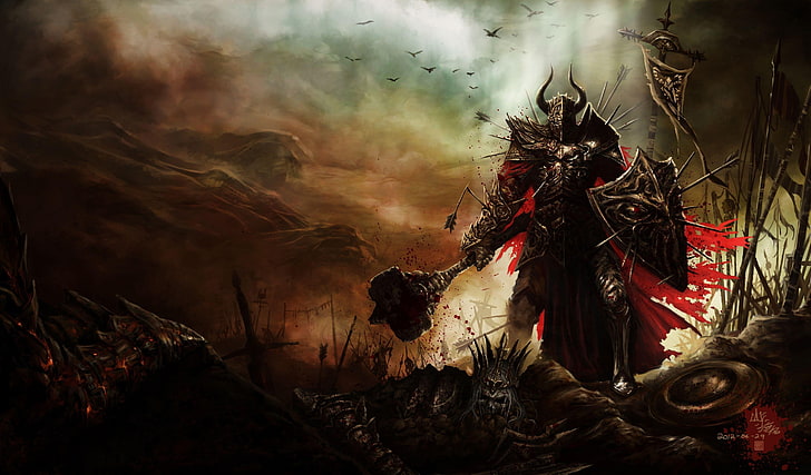 мужчина держит щит и молот цифровые обои, произведение искусства, фэнтези-арт, рыцарь, война, воин, смерть, кровь, молот, меч, HD обои