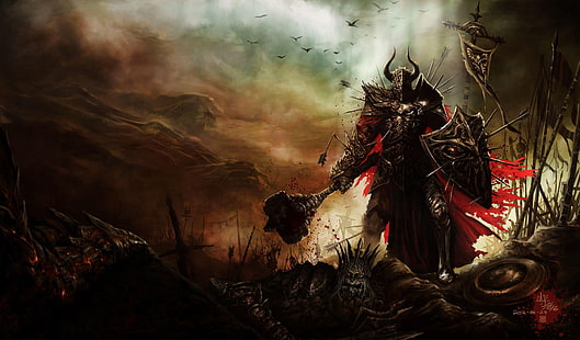 мужчина держит щит и молот цифровые обои, произведение искусства, фэнтези-арт, рыцарь, война, воин, смерть, кровь, молот, меч, HD обои HD wallpaper