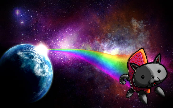 nyan cat memes cat planet space rainbows stars digital art, HD wallpaper