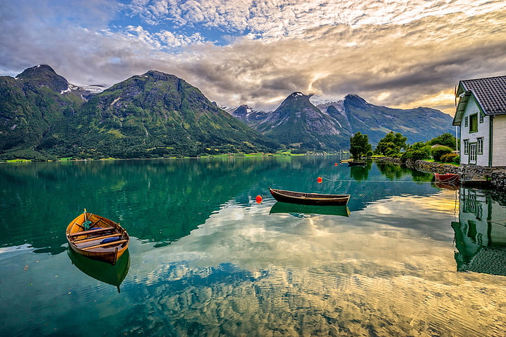 two brown wooden boats, mountains, lake, boats, Norway, Oppstrynsvatn Lake, Hjelledalen, HD wallpaper