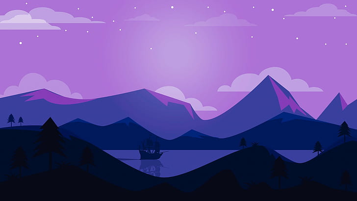 artwork, purple background, minimalism, ship, HD wallpaper