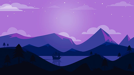 artwork, purple background, minimalism, ship, HD wallpaper HD wallpaper